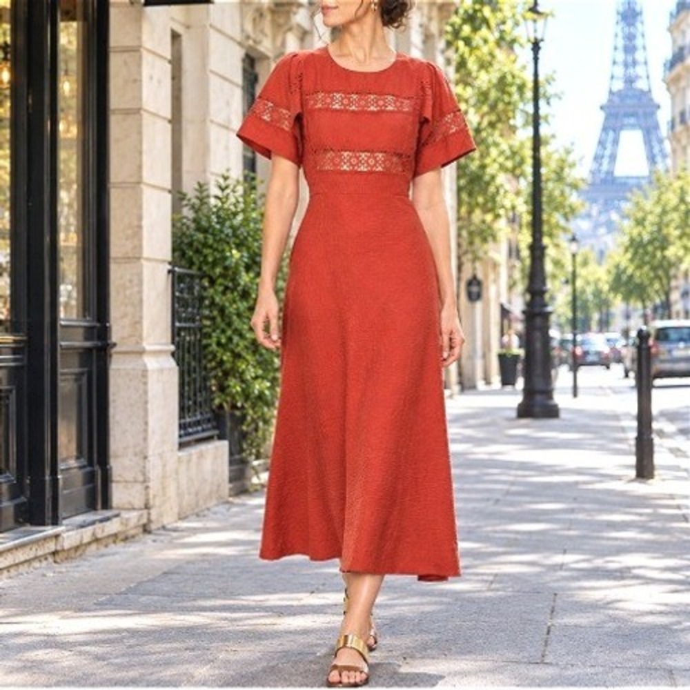 Sandro Benila Terracotta Lace Trim Fit & Flare Fluid Flutter Midi Dress 42 / 10
